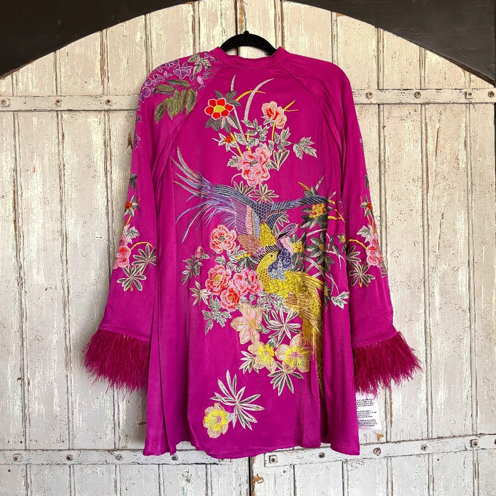 Hot Pink Colorful Embroidery Dress with Swing Sleeves with Feathers